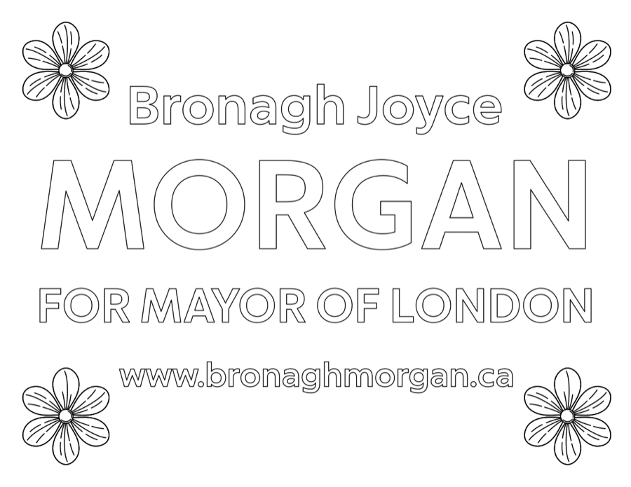 The lawn sign as outlines only, with hollow letters and four large flowers.
